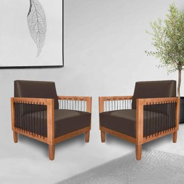 Imagem de Kit 2 Poltronas Sala de Estar Pés Madeira Maciça Corda Náutica Preta 75cm Manila PU Marrom G63 - Gran Belo