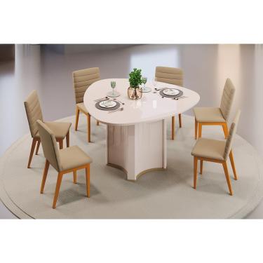 Imagem de Conjunto: Mesa de Cozinha Chanel c/ Tampo Madeirado c/ Vidro Orgânico 136x136cm e 6 Cadeiras Sofia Off White - Ipe/Linho Bege - DJ Móveis