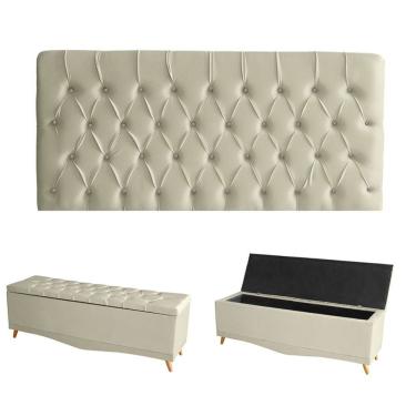 Imagem de Kit Estrela Cabeceira De Cama Painel E Calçadeira Baú Botão Cristal Casal 140 Cm Suede Porcelana Do Lar Móveis E Decora