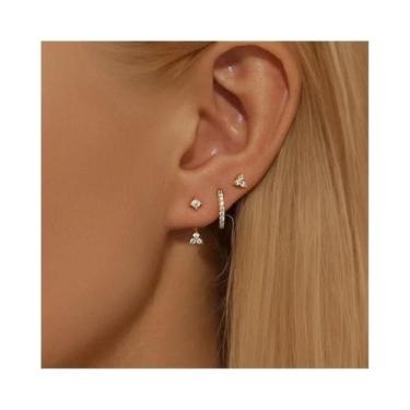 Imagem de Conjunto De Brincos De Argola E Stud Geométricos De Zircônia Em Ouro E