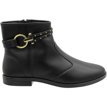 Imagem de Bota Cano Baixo Beira Rio Tira Dupla Apliques Dourado Feminino, Preto,
