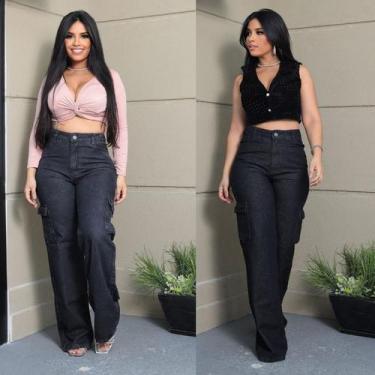 Imagem de Calça Wide leg Cargo bolso do lado, Feminina Jeans , Pantalona Cintura