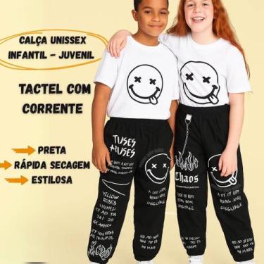 Imagem de Calça Juvenil Infantil Unissex Estilosa Emoji Smile Fogo com Correntin