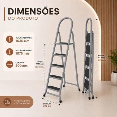 Imagem de Escada 5 Degraus Em Aço Residencial Dobrável Resistente - Utilaço, Cin