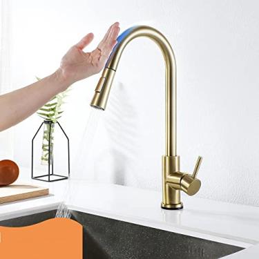 Imagem de Puxe para fora torneiras de cozinha toque inteligente para sensor torneira de água de cozinha misturador de pia 360 controle de toque giratório torneira de pia misturador de água, escova de ouro, china