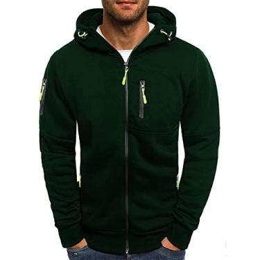 Imagem de Moletom masculino com capuz com zíper casual jaquetas de lã cardigã com zíper completo suéteres, verde escuro, M