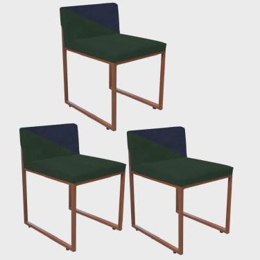 Imagem de Kit 03 Cadeira Office Lee Duo Sala de Jantar Industrial Ferro Bronze Suede Verde e Azul Marinho - Ahazzo Móveis
