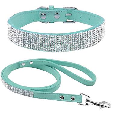 Imagem de Pimaodog Lindo deslumbrante cintilante elegante elegante camurça macia couro brilhante strass cristal jóias gato cachorro coleira cachorro cachorro coleira combo conjunto (PPP (pescoço 8-10), azul claro)