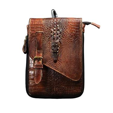 Imagem de Le'aokuu bolsa masculina de couro genuíno pequena bolsa de ombro carteiro bolsa de telefone cinto cintura bolsa de cintura 6402, Large Crocodile Camel, Medium