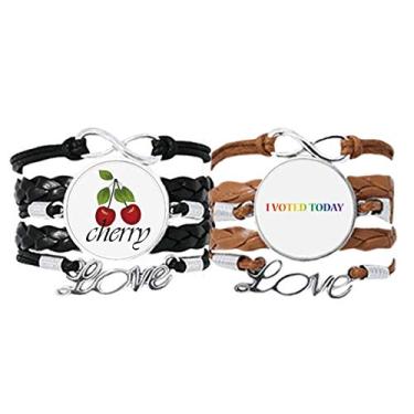 Imagem de DIYthinker LGBT Bandeira de arco-íris I Vote Today Pulseira de mão Corda de couro Cereja Love Conjunto duplo