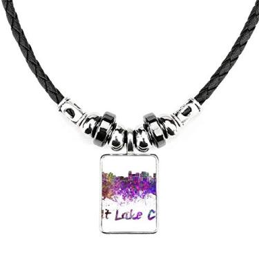 Imagem de DIYthinker Colar Salt Lake City America Cidade Aquarela Joia Torque Pingente de Corda de Couro