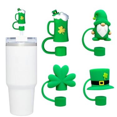 Imagem de Topos de palha do Dia de São Patrício para copos Stanley, 4 peças, capa de canudo verde, design de trevo, capas de ponta de canudo reutilizáveis, topo de palha fofo de 10 mm, protetores de tampas de