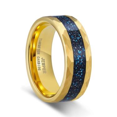Imagem de JEWPER Anéis de tungstênio para homens 8 mm preto/prata/ouro moda promessa aliança de casamento martelada sulco meteorito orbo carboneto chanfrado borda polida ajuste confortável, 12, Metal, Sem pedra