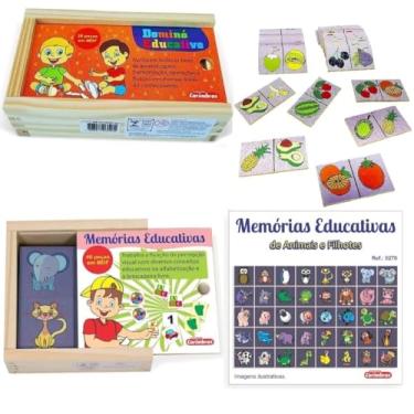 Imagem de Kit Educativo Aprendizado Lúdico e Visual – Dominó de Frutas + Memória de Animais e Filhotes – Carimbrás