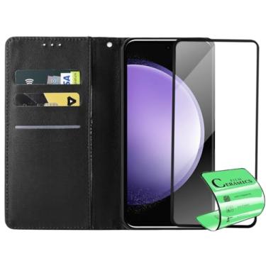 Imagem de Capa Carteira Flip Case para Samsung Galaxy S23 FE com Película Protetora Cerâmica Premium, Suporte Ajustável, Cobertura total da tela, Preto