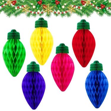 Imagem de JULMELON 6 peças de luzes de Natal grandes, para pendurar em forma de lâmpada de favo de mel, enfeite de bola de papel para decoração de mesa de festa de árvore de Natal (30,5 cm)