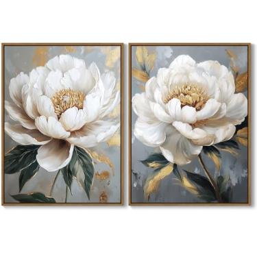 Imagem de QTESPEII Flores elegantes arte de parede peônia ouro branco impressão em tela pinturas florais abstratas decoração de parede arte moderna emoldurada para quarto de meninas quarto sala de estar casa