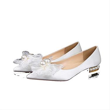 Imagem de Bigfanshu Sandálias femininas de salto salto e sapatos de noiva 2021 sapatos de noiva laço pérola fundo plano salto baixo branco feminino salto de casamento peep toe sapatos de casamento, Branco, 5