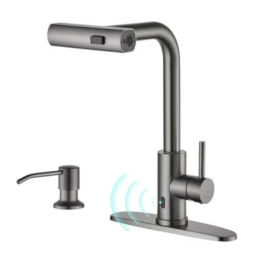 Imagem de AVSIILE Torneiras de cozinha sem toque com pulverizador de puxar para baixo e dispensador de sabão, cachoeira furo único e alça, torneira de pia de puxar em cinza, adequado para fazenda campista