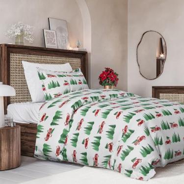 Imagem de Conjunto de capa de edredom de Natal tamanho solteiro – capa de edredom solteiro extramacia com 2 fronhas – roupa de cama natalina com fechos de zíper e laços – conjunto de cama confortável