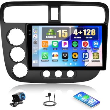 Imagem de [4 + 128 G] Rádio estéreo para carro Android 15 para Honda Civic 2001-2005 com carro sem fio e Android Auto, rádio de carro de 23 cm com conexão espelhada Bluetooth FM/RDS WiFi GPS EQ DSP SWC + câmera