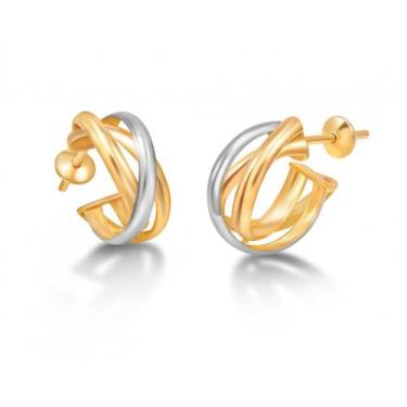 Imagem de Brinco meia argola em Ouro 18k com detalhe em ródio branco - Safira, Ú