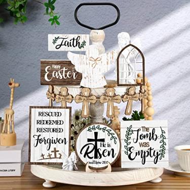 Imagem de Conjunto de 13 peças de decoração de bandeja em camadas de páscoa com placa de mesa de madeira para casa de fazenda e páscoa Ele ressuscitou, decoração de tumba, conjunto de decoração religiosa de madeira de Jesus para festa de Páscoa em casa