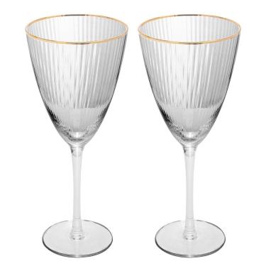 Imagem de Conjunto com 2 Taças de Vinho 400ml Lines Ouro em Vidro Canelado Resistente a Micro-ondas e Lava-louças Transparente