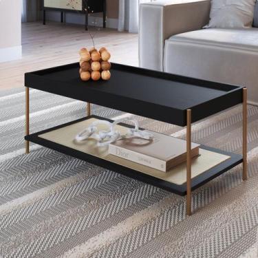 Imagem de Mesa de Centro Retangular com Prateleira 93cm Palhinha Pé Metal Oslo P