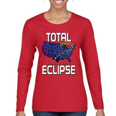 Imagem de Total Solar Eclipse Map Camiseta feminina manga longa relógio apenas com óculos de eclipse 8 abril 2024 festa astronomia sol lua, Vermelho, 3G