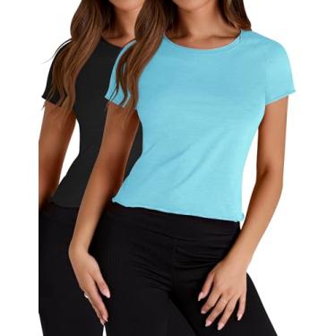 Imagem de Micoson Camisetas femininas casuais básicas de manga curta com gola redonda e manga raglã, Y_2 Pack_preto e azul-piscina, G