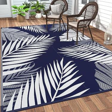 Imagem de Tapete GENIMO 1,5 x 2,4 m para área externa, reversível, grande, palha de plástico, impermeável, para trailer, para acampamento, pátio, varanda, deck, quintal, piquenique, praia, azul e branco