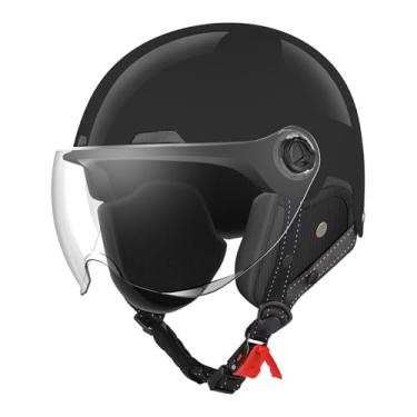 Imagem de Capacetes de motocicleta com certificação DOT, meio capacete estilo alemão, scooter de bicicleta elétrica com óculos de para-brisa, capacete retrô legal para homens e mulheres (preto, M)