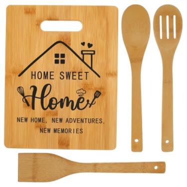 Imagem de DJAPWPX Conjunto de espátula de tábua de corte de madeira, conjunto de concha de tábua de cortar fácil limpeza, multifuncional, conjunto de tábua de cozinha com orifício para pendurar para restaurante