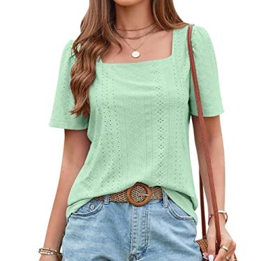 Imagem de Camiseta feminina de verão manga curta ajuste solto blusa manga quadrada oca doce camisa tops para usar com leggings, verde2, GG