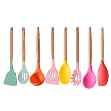 Imagem de Conjunto de utensílios de cozinha de silicone raspador escova de óleo batedor de ovos espátula utensílio de cozinha multiuso utensílios de cozinha 8 peças arco-íris