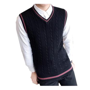 Imagem de JMSUN Suéter masculino de malha com decote em V, Quventude colete de lã tricotado masculina