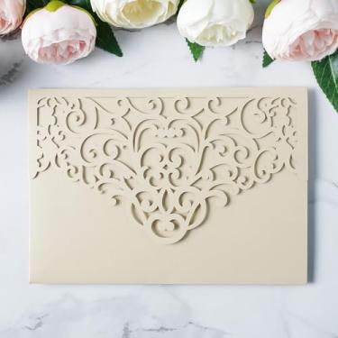 Imagem de ponatia 20 peças de bolsos bege para convites de casamento cortados a laser, bolsos de convite com corte a laser 12,5 x 17,8 cm, para chá de panela, 15 anos, convite (sem envelopes e lençóis internos)