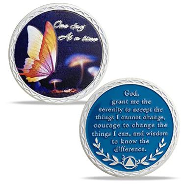 Imagem de Borboleta AA Sobriety Coin - One Day at A Time - Medalhão de Recuperação Serenity Prayer Chips