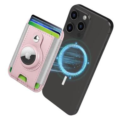 Imagem de CLARKCAS Suporte magnético para cartão de telefone, carteira de couro MagSafe com compartimento para cartão antiperda Airtag para iPhone 15/14/13/12/Pro/Pro Max/Plus Series Rosa
