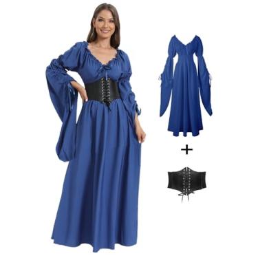 Imagem de VNVNE Vestido feminino de bruxa renascentista de Halloween, fantasia vitoriana vintage medieval pirata camponesa gótica cosplay, Azul marinho, P