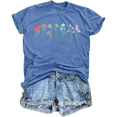 Imagem de Camiseta feminina orgulho flores silvestres arco-íris floral LGBTQ camiseta vintage flores estampadas tops, Azul 2, P