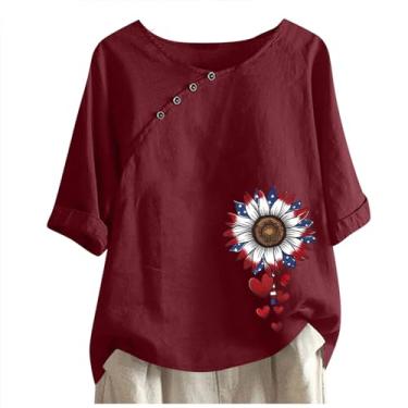 Imagem de Camiseta feminina de linho com estampa de girassol com bandeira americana, casual, vermelha, branca, azul, gola redonda, manga curta, botão de ajuste solto, Vermelho, GG