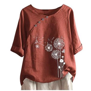 Imagem de Camisetas femininas de linho com estampa floral verão casual manga curta túnica gola redonda botão solto roupas para sair, Vermelho - C, 3G