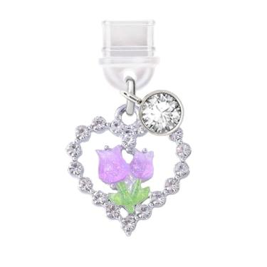Imagem de ELISE & FONDA TP380 Tipo-C porta de carregamento USB antipoeira plugue cristal amor coração com pingente de celular tulipas para iPhone 15/Samsung/OnePlus/Xiaomi/oppo telefones Android (Roxo),