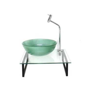 Imagem de Kit cuba de vidro redonda 10mm verde tampo 40cm incolor com suporte to