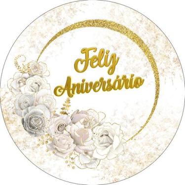 Imagem de Painel De Festa Redondo 1,50x1,50 - Dourado com Flores Feliz Aniversár