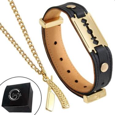 Imagem de Kit Colar Corrente Navalha Banhado a Ouro e Pulseira Lâmina Dourada Ba