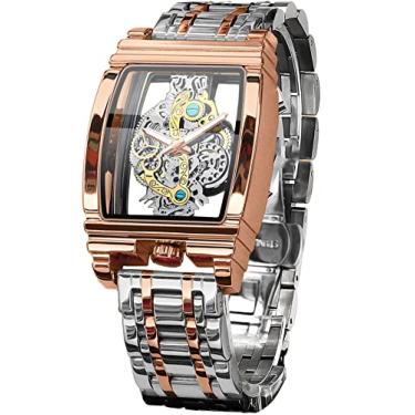 Imagem de FORSINING Relógio masculino de luxo com esqueleto vazado, retrô, lindo design de escultura retangular, com mostrador grande, cinto de couro e pulseira de aço inoxidável, relógio de pulso de quartzo, relógios não mecânicos, Ouro rosa