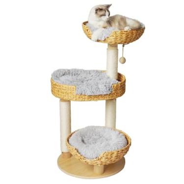 Imagem de Yorrbily Árvore para gatos de 99 cm com haste de madeira real coberta de sisal, 3 cestos de vime PE tecido à mão, 3 cestos com almofada aconchegante, escalada para gatos, poste para arranhar gatos